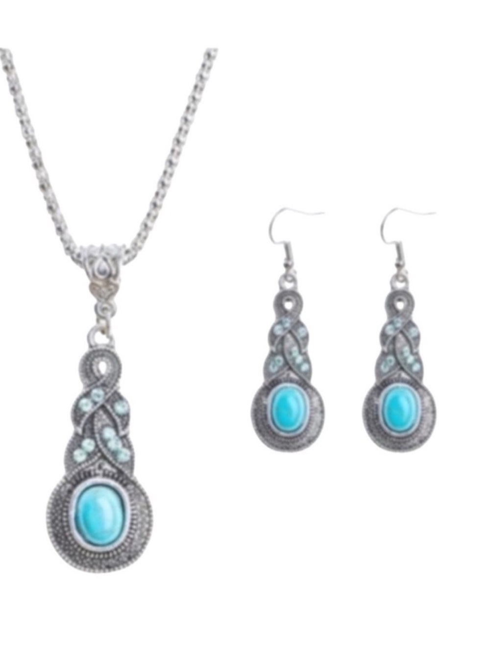Silver-Tone Turquoise Pendant Necklace and Earrings Set